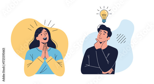 Illustration depicting a woman with a bright idea and a man deep in thought and contemplation.