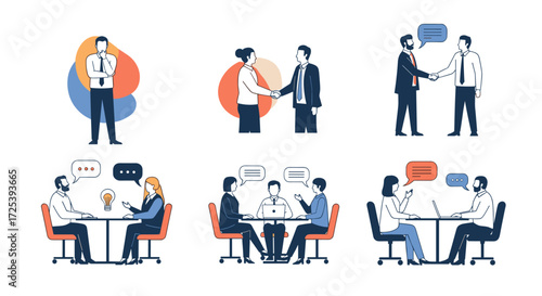 Illustrations of business people in meetings and discussions on white background.
