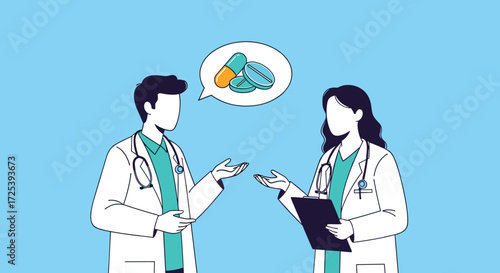 Two doctors are discussing medication and patient care in a collaborative medical setting.