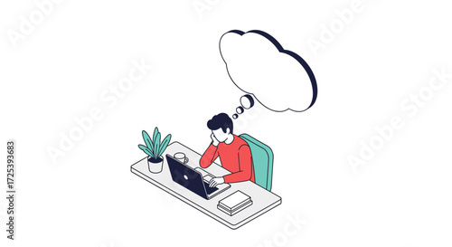 A person sitting at a desk with a laptop and a thought bubble above their head.