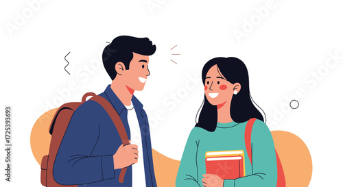 Two happy young students carrying backpacks and books are chatting cheerfully.
