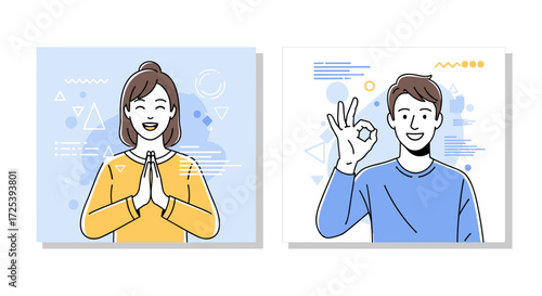 Young people smiling and expressing positive emotions with gestures.