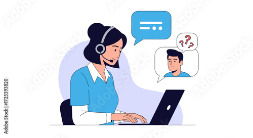 Customer service representative assisting a client with questions on a laptop and headset.