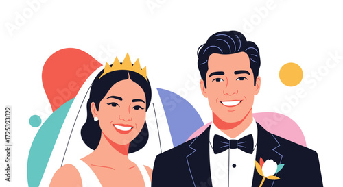 A joyful bride and groom smiling brightly on their wedding day with colorful abstract shapes in the background.