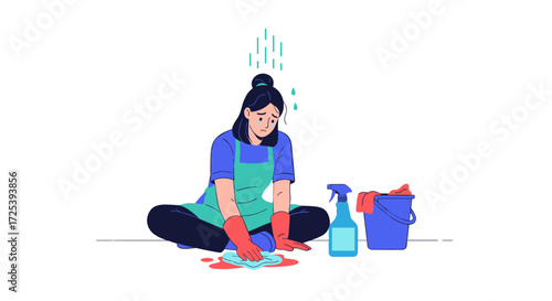 A tired person is struggling to clean a dirty floor with a rag sweat dripping from their head.