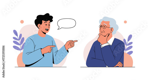 A young person actively communicating with an elderly individual fostering intergenerational connection and understanding.
