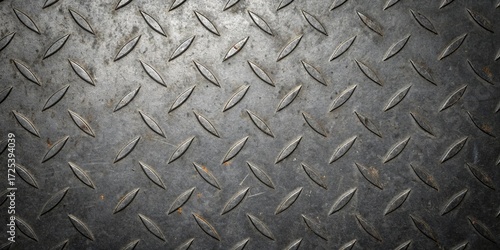 Dark metal diamond plate texture with a repeating raised pattern, a durable and industrial surface with a nonslip design, ideal for backgrounds and overlays