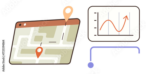 Map with location pins showing navigation paired with a growth graph. Ideal for planning, strategy, data analysis, business growth, navigation, technology, decision-making. Clean and simple flat