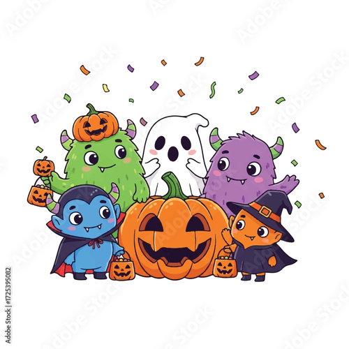 A group of cute cartoon monsters and pumpkins celebrating Halloween with confetti falling around them.