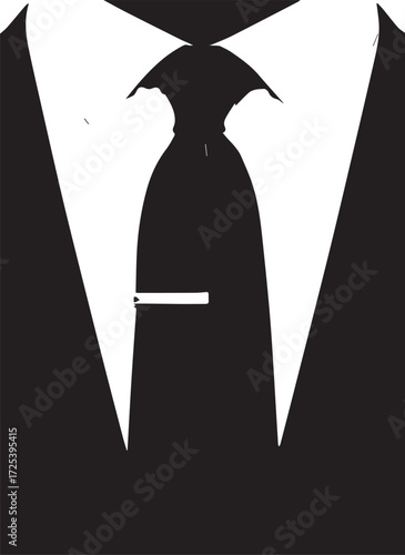 Black and white graphic of a suit jacket lapels and a tie with a tie clip vector