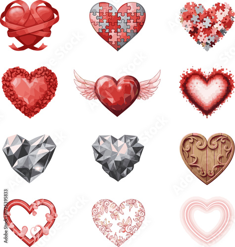  Create a kinds of deferent ed heart, Collection of heart illustrations, Love symbol icon set, love symbol vector art with white background..