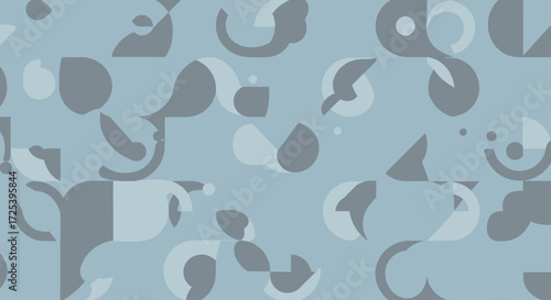 A dynamic composition of interconnected geometric shapes, including polygons and circles, forming a minimalist and abstract seamless background in a clean Flat Design style. 