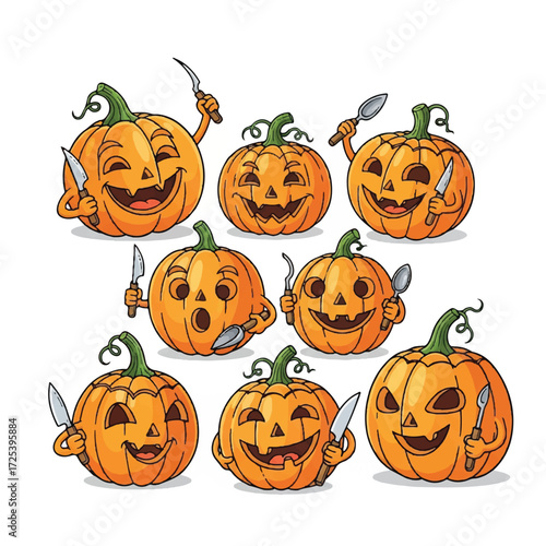 A collection of nine cartoon pumpkins with carved faces and holding cutlery, ready for Halloween festivities.