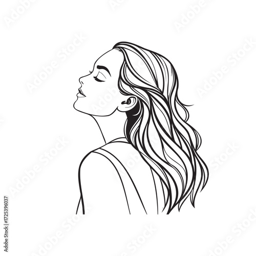 Elegant Black and White Illustration of a Woman with Flowing Hair.