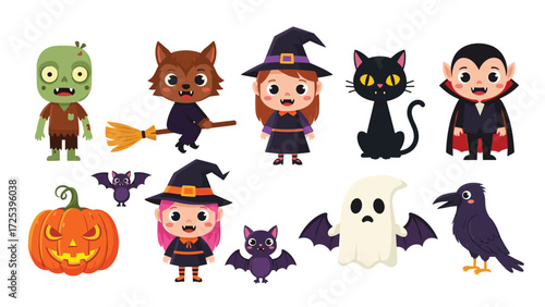 Spooky Halloween Cartoon Set Featuring Pumpkins, Trick or Treat Characters, Creepy Costumes, and Jack o' Lanterns