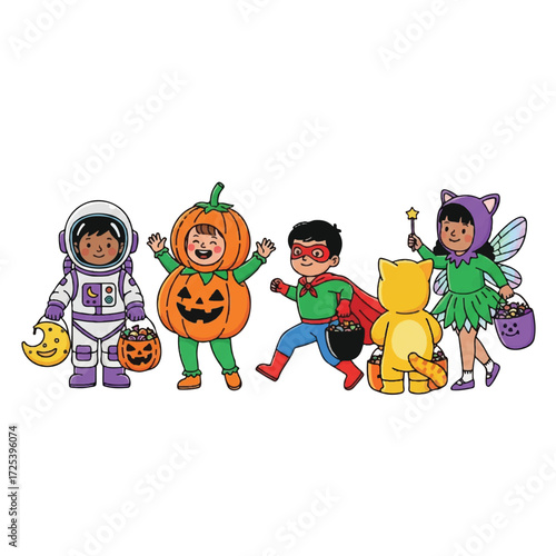 A diverse group of five children in Halloween costumes trick-or-treating together.