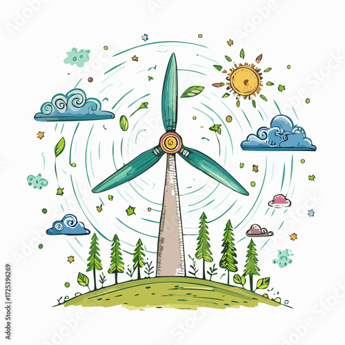 Sustainable energy source and environmental protection concept with wind turbine illustration