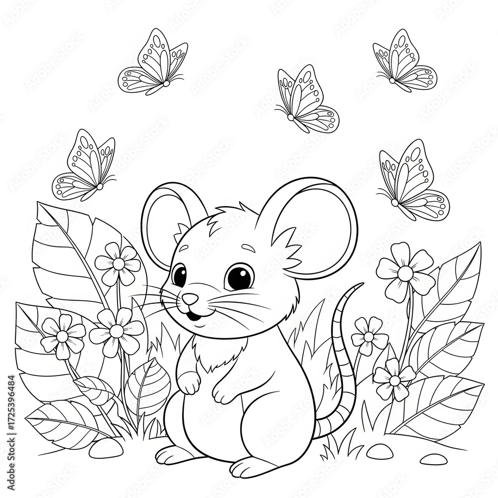 Fototapeta premium Mouse in a field of flowers coloring page. Cute cartoon animal illustration. A happy mouse sitting in a field of flowers with butterflies flying around. Perfect printable activity sheet for kids.