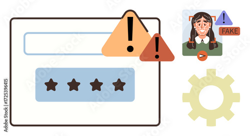 Login password field with warning alerts, deepfake video indicator, and gear icon for system tools. Ideal for cyber security, AI risks, online fraud, tech awareness, safety, privacy simple flat
