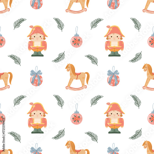 Christmas Toy Seamless Pattern, Christmas Background, Toy and Ornament Pattern