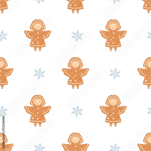 Angel and  Snowflake Seamless Pattern, Gingerbread Snow Background, Winter Cookie Pattern