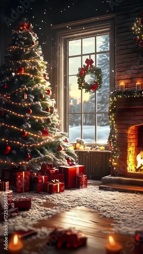 cozy christmas living room with a green tree red gifts and a warm fireplace
