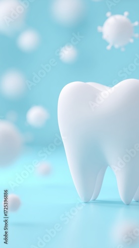 White tooth illustration on a blue background surrounded by floating virus particles, symbolizing dental health and hygiene in a modern and clean design
