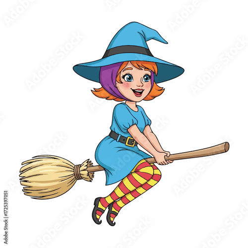 A cheerful young witch with orange hair, wearing a blue dress and striped stockings, rides a broomstick through the sky.