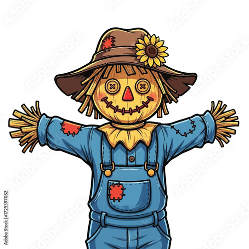 Cute cartoon scarecrow with a straw hat and blue overalls, featuring button eyes and a sunflower.