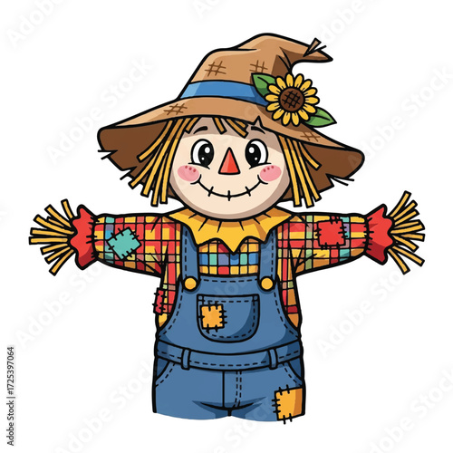 A cheerful cartoon illustration of a scarecrow with a straw hat, overalls, and a sunflower.