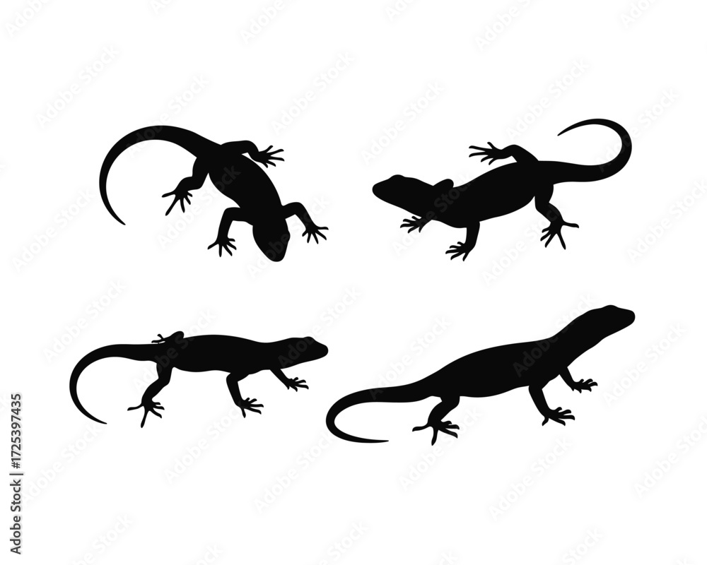 Naklejka premium Four distinct black lizard silhouettes in various dynamic poses on a clean white background showcasing different reptilian movements and forms