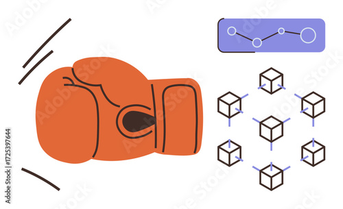 Red boxing glove targeting data graph and interconnected blockchain network, symbolizing competition, innovation, and resilience. Ideal for analytics, technology, strategy, conflict resolution