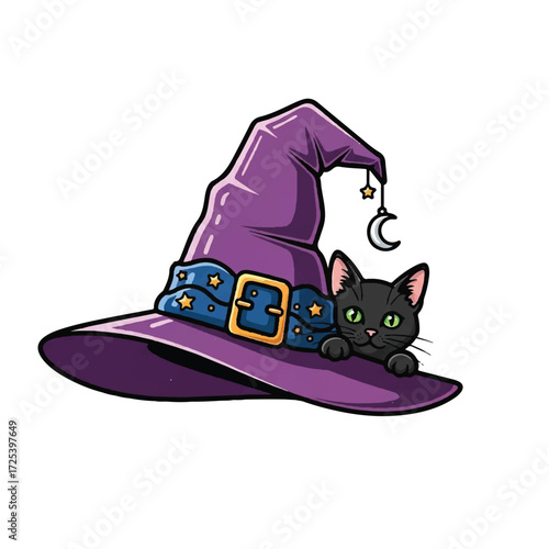 A cute black cat peeking out from under a purple witch's hat adorned with stars and a crescent moon.
