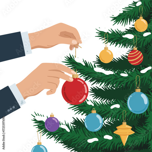 Hands carefully hanging a shiny red bauble onto a green Christmas tree branch adorned with subtle snow and colorful ornaments, a festive flat 2D vector illustration on a white background.