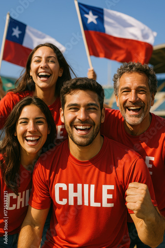 Smiling Chile soccer fans in red shirts celebrating in stadium