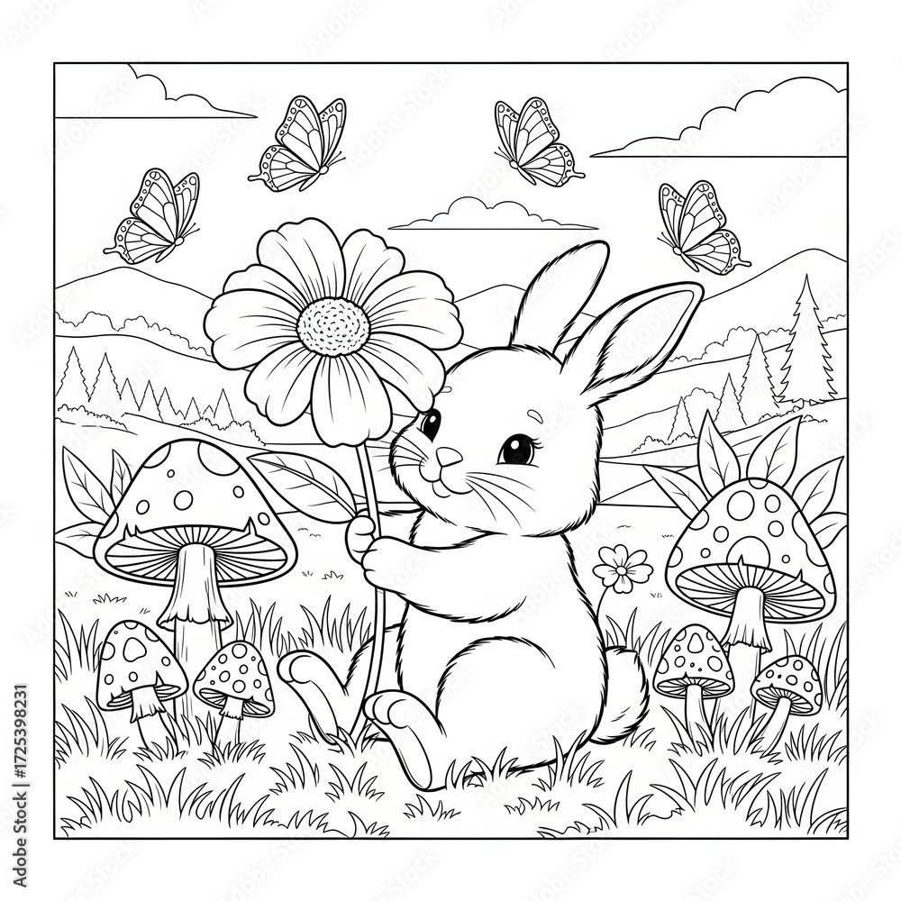 Fototapeta premium Bunny with a flower coloring page. Cute cartoon animal illustration. A happy rabbit holding a flower in a field of mushrooms and butterflies. Fun coloring sheet for children.