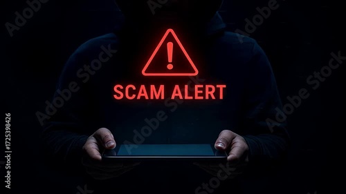 Person in jacket holds tablet with scam alert symbol, showing digital scam, fraud alert and spam alert risk