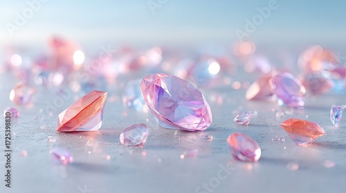 Close Up of Sparkling Pink and Clear Gems on Textured Surface with Shallow Depth of Field