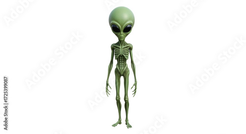Isolated thin green alien stands tall with big eyes, ready for interstellar exploration