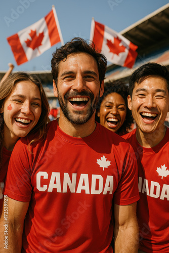 Happy Canada soccer fans cheering with maple leaf flags