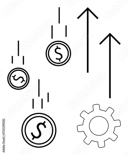 Falling coins with dollar signs, arrows pointing up, and a gear. Ideal for finance, investment, growth, efficiency, revenue economics strategy. Represents simple flat metaphor