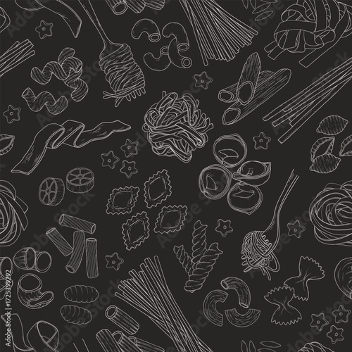 Seamless Pasta Pattern Line Art – Hand Drawn Italian Food Outline with Spaghetti, Penne, Fusilli, Macaroni, Farfalle – Minimalist Kitchen, Packaging, Wrapping, Textile

