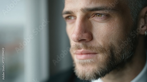 Close Up Portrait of a Man with Glitter on His Face Wearing a Dark Suit Against Soft Focus White Curtain Background with Cinematic Lighting