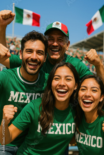 Excited Mexico soccer fans in green shirts cheering with flags