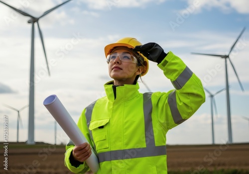 Female Engineer in High-Visibility Gear Inspecting a Large Wind Turbine Farm