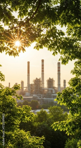 Industrial Pollution vs. Nature: Factory Smokestacks and Sunburst at Sunset