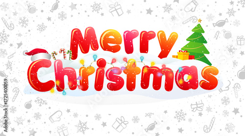 Merry Christmas greeting card design. Holiday backdrop with X mas items and set of snowflakes