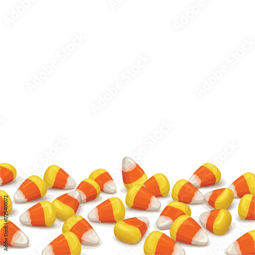 A bottom border of classic yellow, orange, and white candy corn scattered on a clean white background, perfect for Halloween designs.