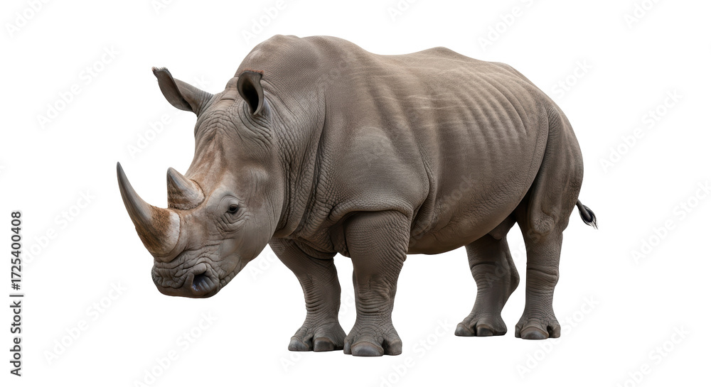 Obraz premium Isolated rhinoceros standing and posing, a majestic African wildlife animal, mammal, large herbivore
