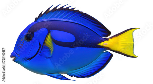 Isolated regal blue tang swims in place tropical blue and yellow fish tropical animal